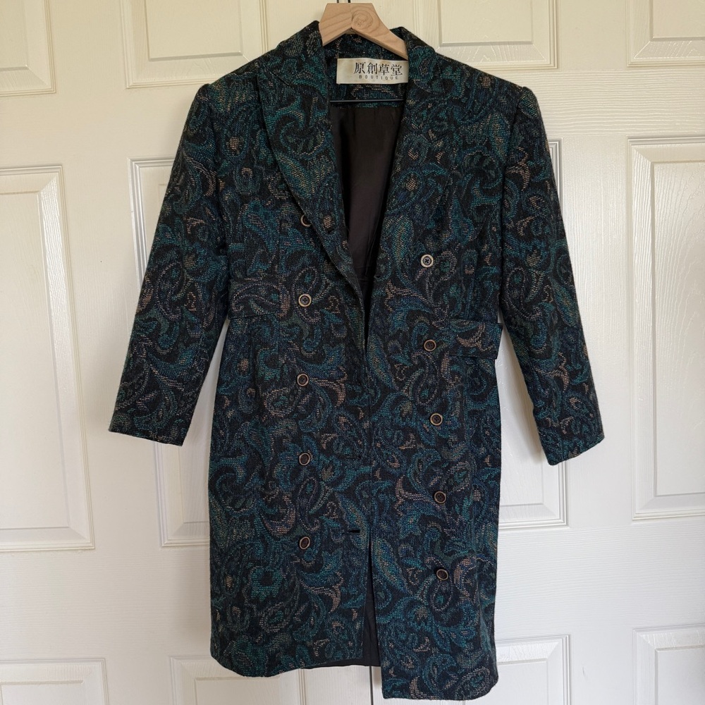 Teal Paisley Double-Breasted Coat